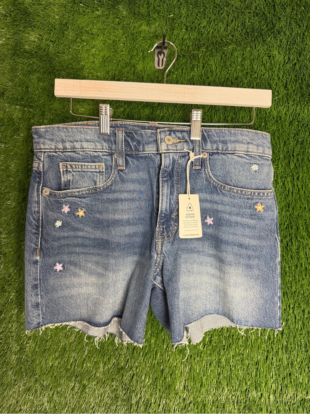 Lucky Brand Distressed Denim Cutoff Shorts with Pastel Star Embroidery - Blue
